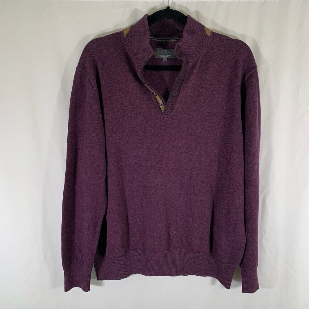 Entro Cashmere Blend Sweater Men's Large Solid Purple 1/4 Button Long Sleeve